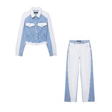 跨境欧美风女装2025新款拼接牛仔夹克外套中腰直筒拼接牛仔裤套装