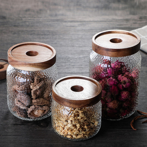 Japanese Hammered Rosewood Glass Food Storage Can for Coffee Beans and Tea, Sealed Transparent Storage Container