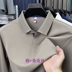 高端男士棉质体恤衫春秋季新款长袖t恤男翻领中年爸爸宽松polo衫