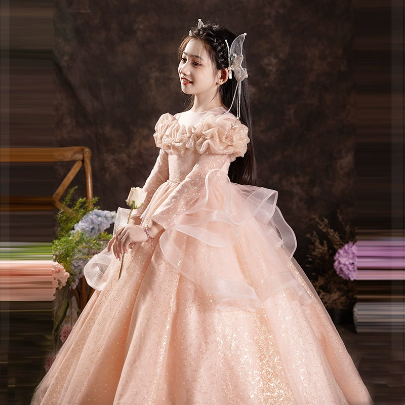 Детское платье в стиле супер-феи, тюлевое платье для девочек-цветочниц, свадебное платье, платье принцессы для маленькой девочки на день рождения, летнее платье с длинными рукавами для выступлений за пианино.