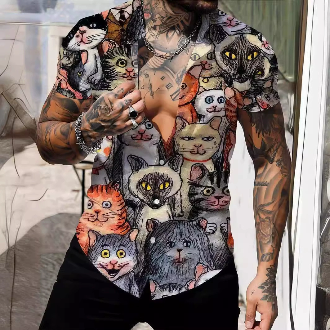 2024 Летняя 3D цифровая печатная рубашка для мужчин 3D кошка печать мода рубашка с коротким рукавом с v-образным вырезом