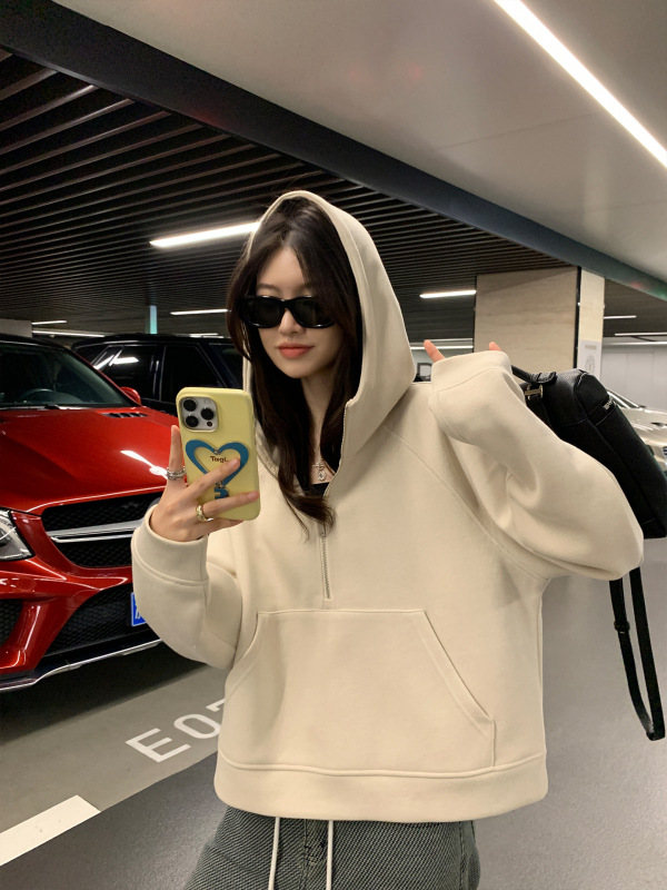 阿一 半拉链纯色短款卫衣女秋季新款宽松休闲灰色美式连帽外套|undefined