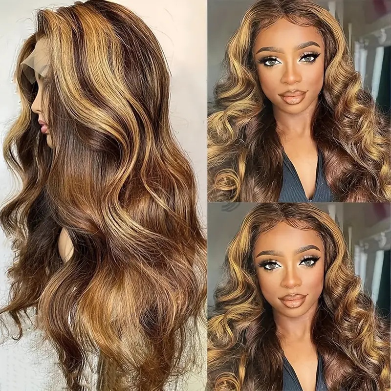 Peruca feminina com aplique de cabelo sintético, ondas grandes e cachos na cor piano, modelo Fashion Front Lace Full Headage. Produto mais vendido._voghion.com