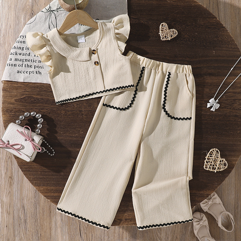 Girls Wide Leg Pants And Button Up Top Set For Summer Casual Wear_voghion.com