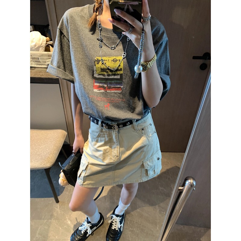 Moqie Film-Style American Retro Creative Print Loose Casual Versatile Short-Sleeved T-Shirt Mq1524 Moqie Film-Style American Retro Creative Print Loose Casual Versatile Short-Sleeved T-Shirt Mq1524
