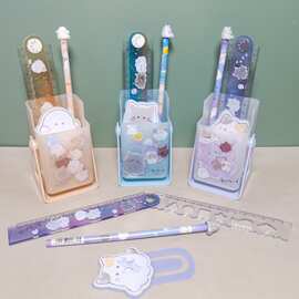 外贸幽幽家族笔筒折尺木铅笔书签便利贴套装猫咪可旋转笔筒文具批