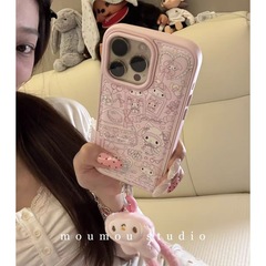 可爱粉色皮质满屏美乐蒂链条适用iPhone16promax苹果15手机壳17女