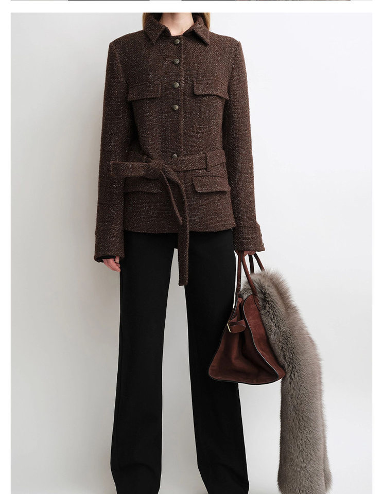 Áo khoác nữ dáng ôm kiểu sơ mi chất liệu dạ tweed lông cừu kèm thắt lưng, dài tay, cổ vest — Màu đỏ rượu Port chi tiết 14