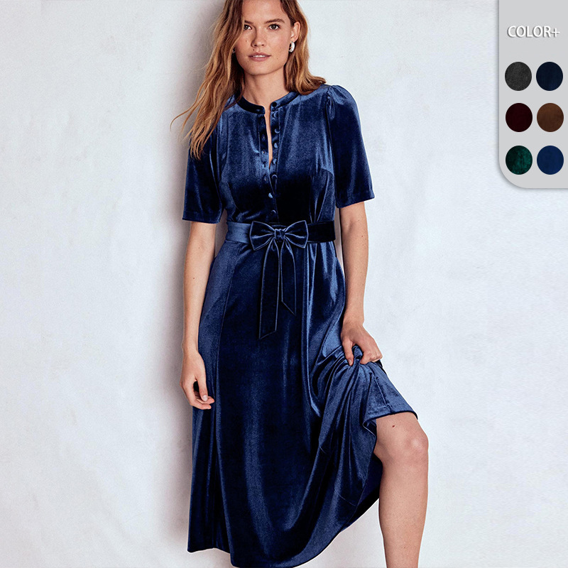 2026 New High-End Velvet Buttoned Mid-Length Dress for Women with Waist-Cinching Bow Belt Party Dress Long Dress