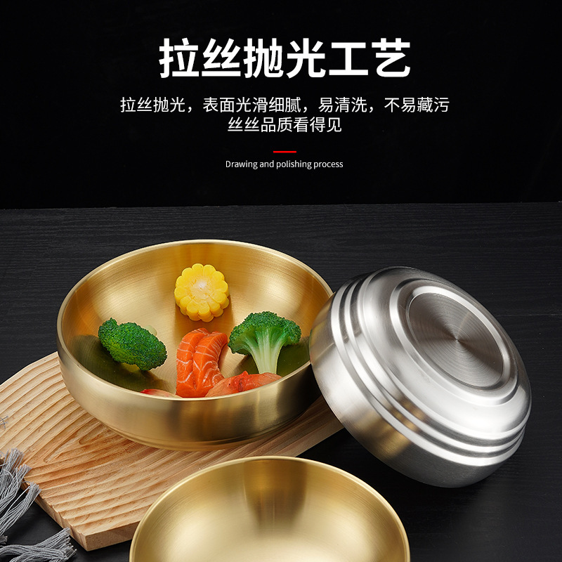 韓国冷麺ボウル、金色のステンレス製インスタントラーメンボウル、ラーメンボウル、二層韓国ビビンバボウル、大きなスープボウル、スクリューヌードルボウル|undefined