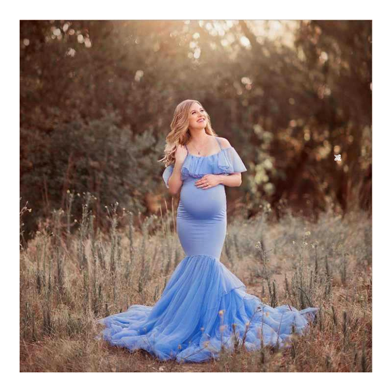 Elastic fabric stitching mesh off-shoulder plus size maternity long dress bridesmaid fat girl evening dress banquet dress