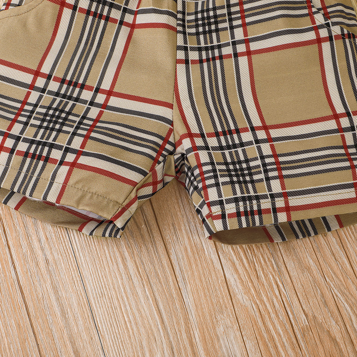 Summer New Boys Solid Short sleeved Top+Checkered Shorts Two piece Fashion Casual Set_voghion.com