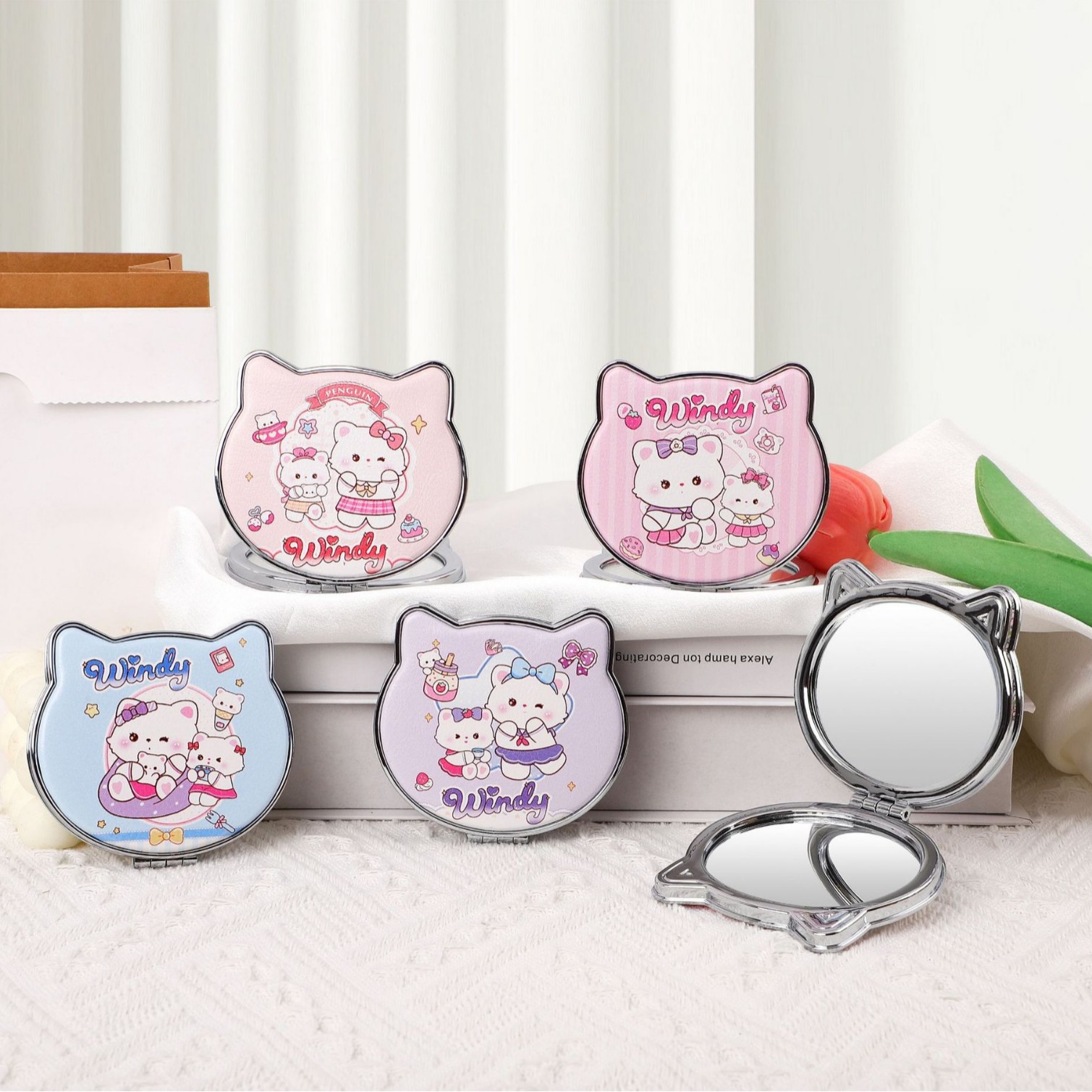 Yaliang moda gato cabeza de doble cara portátil de dibujos animados Bolsillo pequeño espejo estudiante dormitorio espejo regalo impreso logotipo cosmético espejo