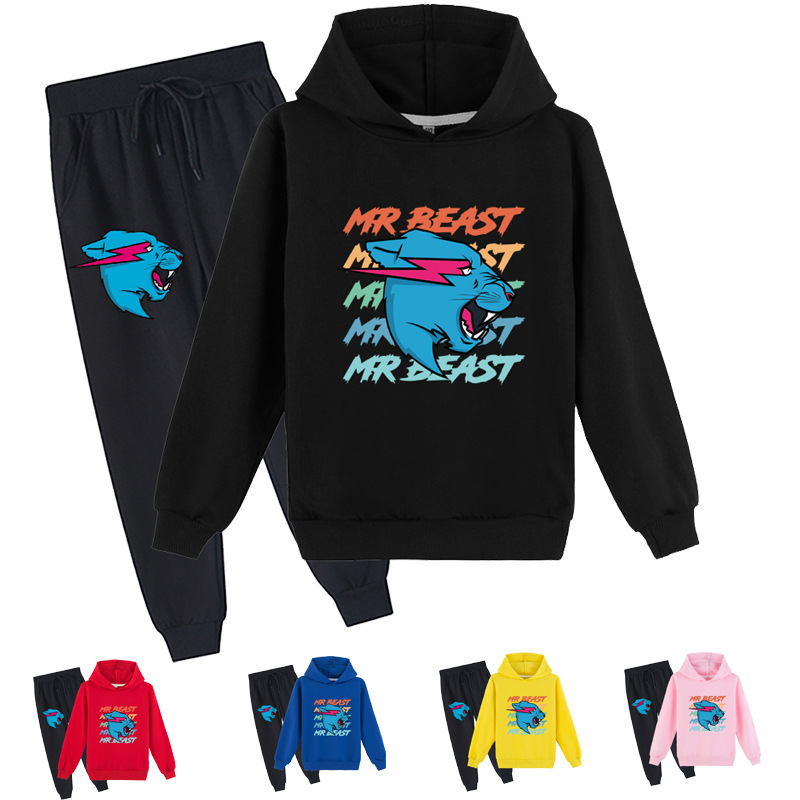 跨境电商 Mr Beast Lightning Cat儿童时尚印花卫衣长裤套装K211