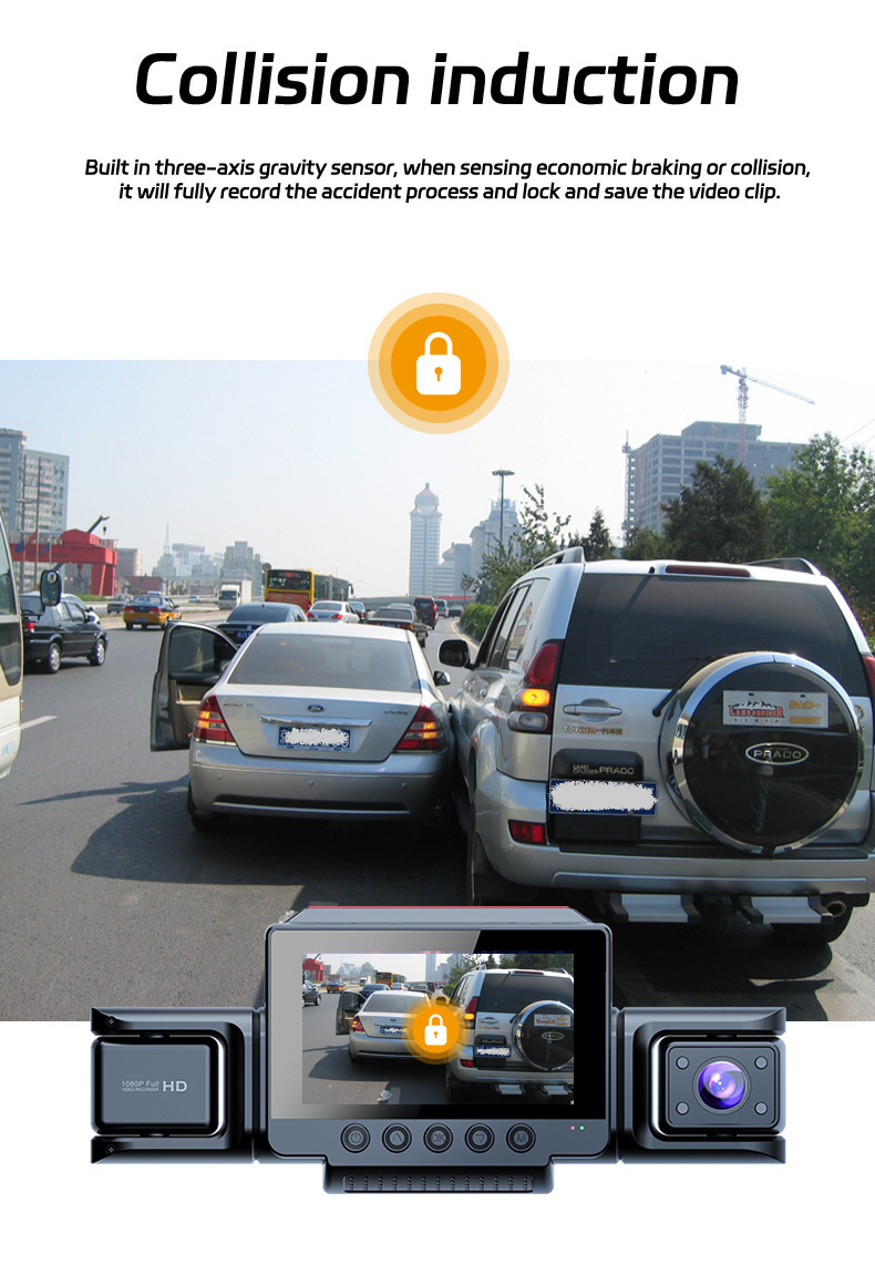 3.0inch Wifi Camera with 4 Lenses, 4 Simultaneous Recording and Display, 1080P Wifi Hidden High-Definition Dash Cam