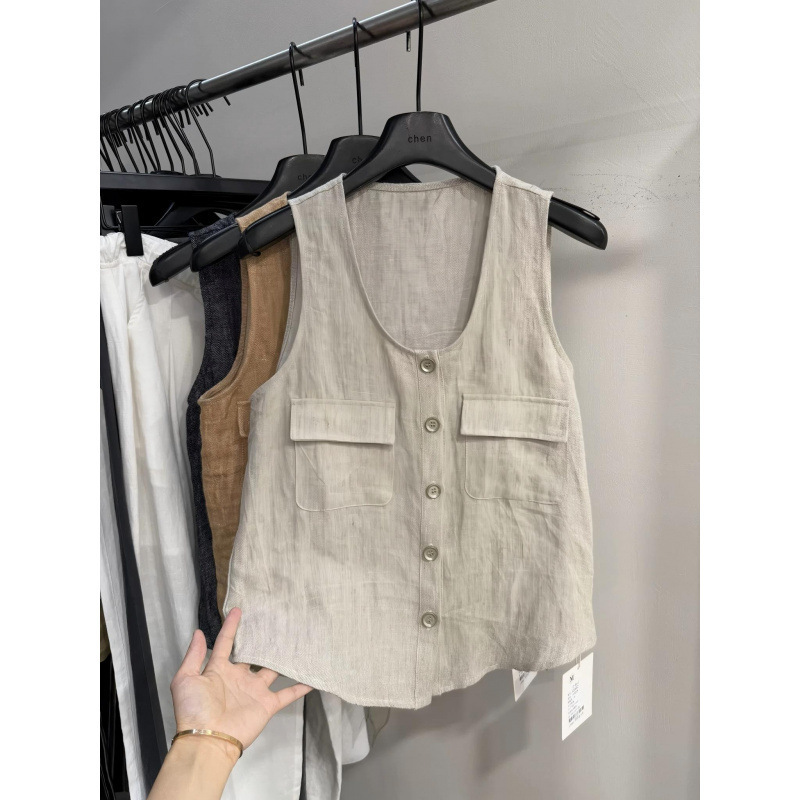 Fashionable Old Money Style Multi-Pocket Design U-Neck Cotton and Linen Sleeveless Shirt for Women, New Summer Fashion Tank Top for Women