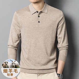 Autumn New 6% Wool Men's Sweater Solid Color POLO Collar Middle-aged Thin Simple Long-sleeved Base Sweater for Men