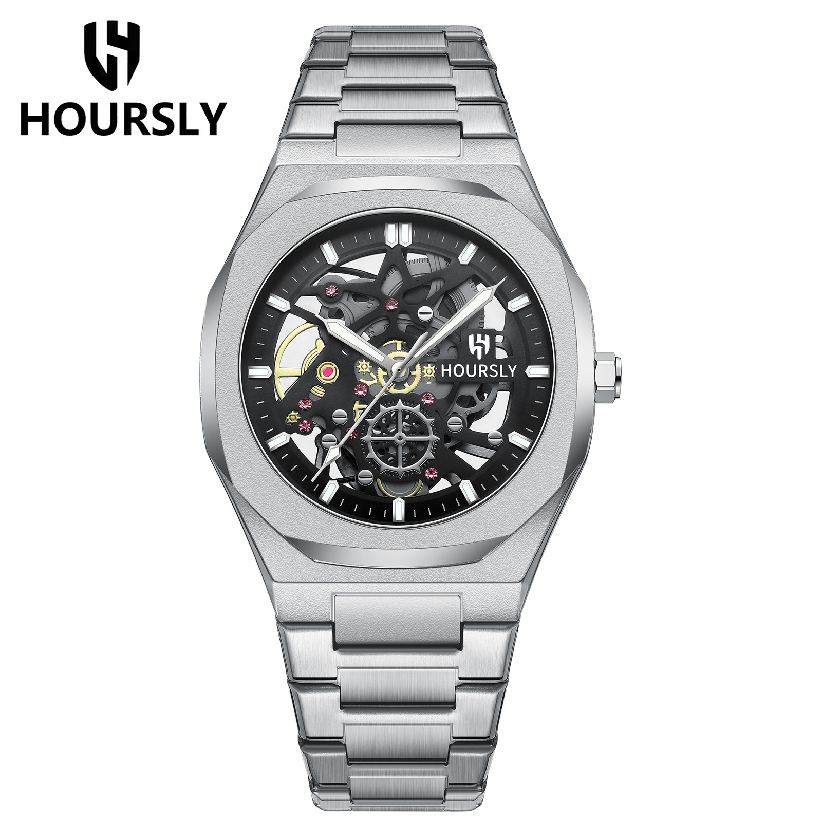 Relojes transfronterizos de venta caliente en Europa y los Estados Unidos relojes impermeables de la marca hoursly para hombres relojes mecánicos falsos relojes de cuarzo de acero inoxidable image 9