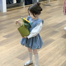 韩版童装2024新款春季女童蕾丝衬衫时尚立体花朵木耳边牛仔花苞裙