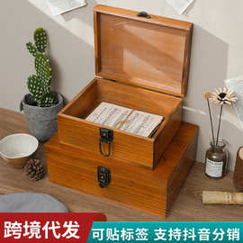 复古色带盖收纳木盒 家居收纳带锁木盒 首饰项链耳环整理收纳盒子
