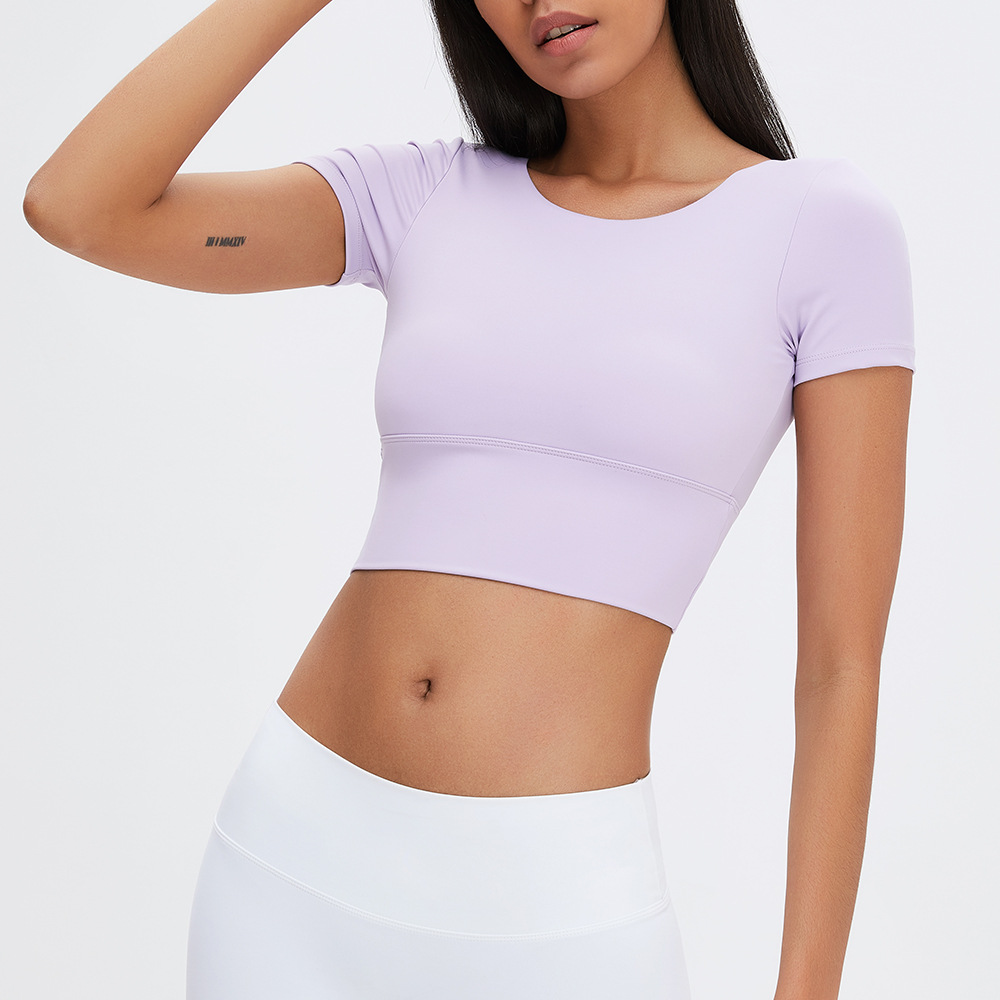 Amazon nuevo yoga manga corta Correa delgada Cruz espalda sexy deportes camiseta alta cintura elástica fitness yoga ropa