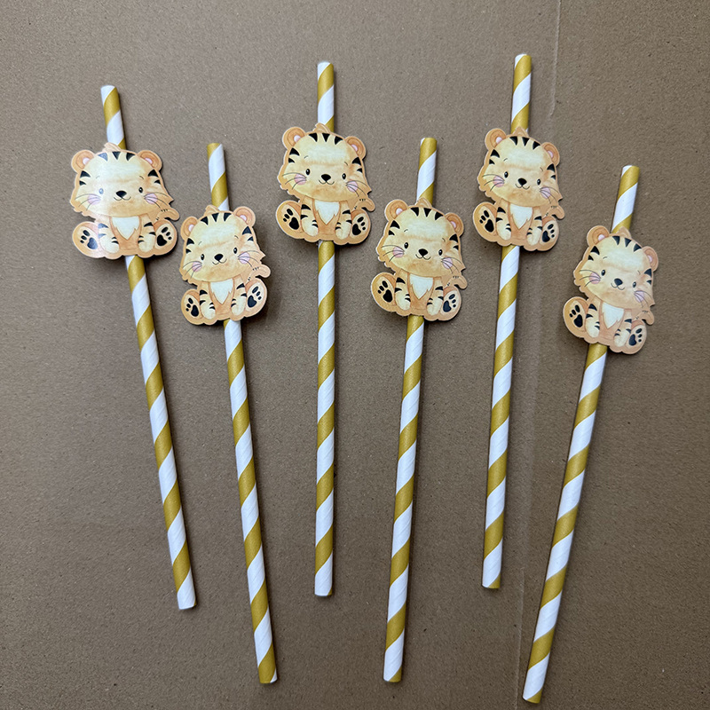 Jung Sen temático animal tigre tarjeta paja desechable postre fiesta decoración papel paja