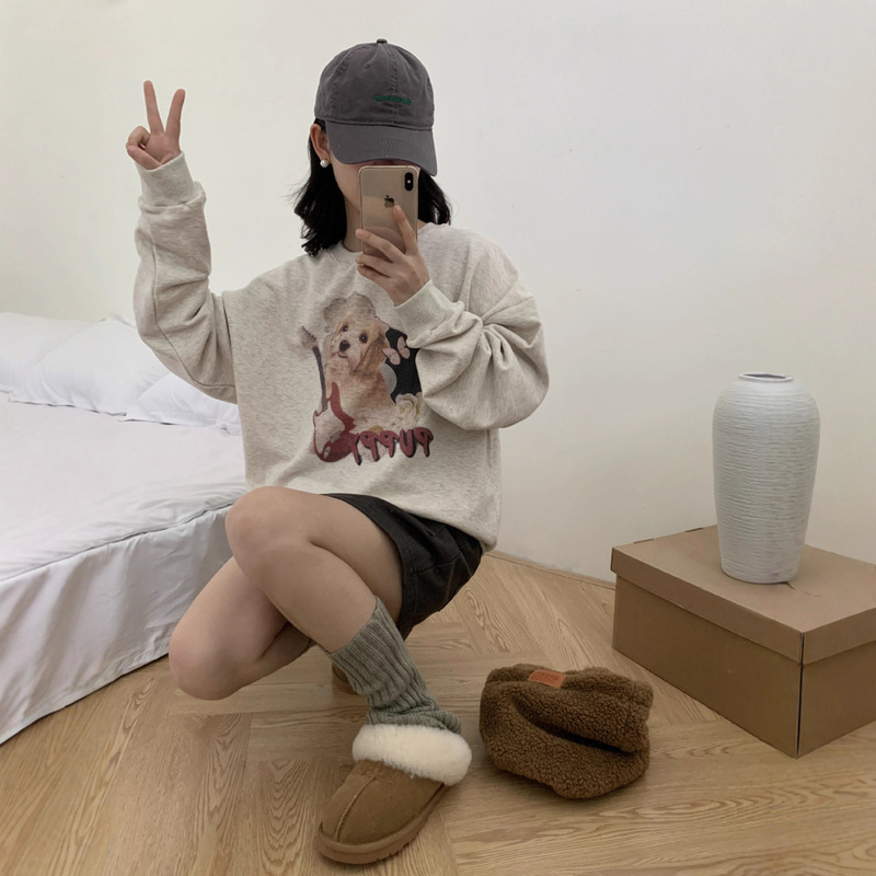 Clearance Korean Designer Luv Puppy Print Crew Neck Sweatshirt Long Sleeve Pullover Top for Women Loose Casual Versatile