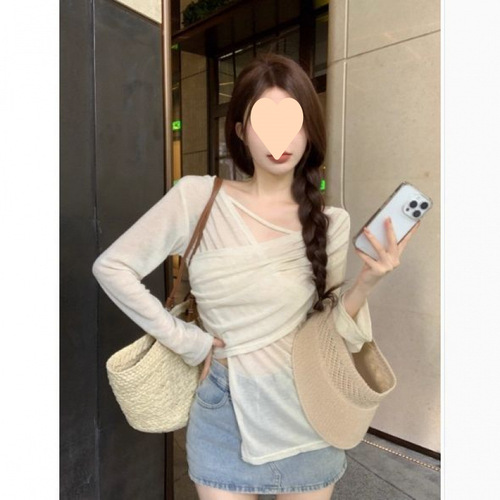 Irregular Collar Top Careful Design Summer Sun Shirt Long Sleeve Thin Breathable Air Conditioning Shirt Irregular Split T-Shirt
