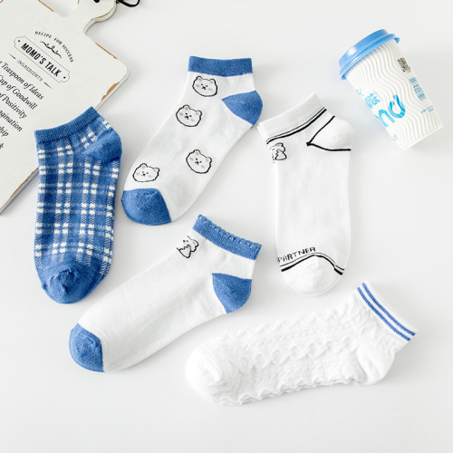 Girly Cute Blue Bear Shallow Mouth Breathable Socks Female Spring Student Fashion Cartoon Sweat-Absorbent Low-top Socks