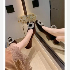 羊皮版葡萄ma同款贵气闪闪钻扣圆头高跟鞋舒适粗跟绒面浅口单鞋女