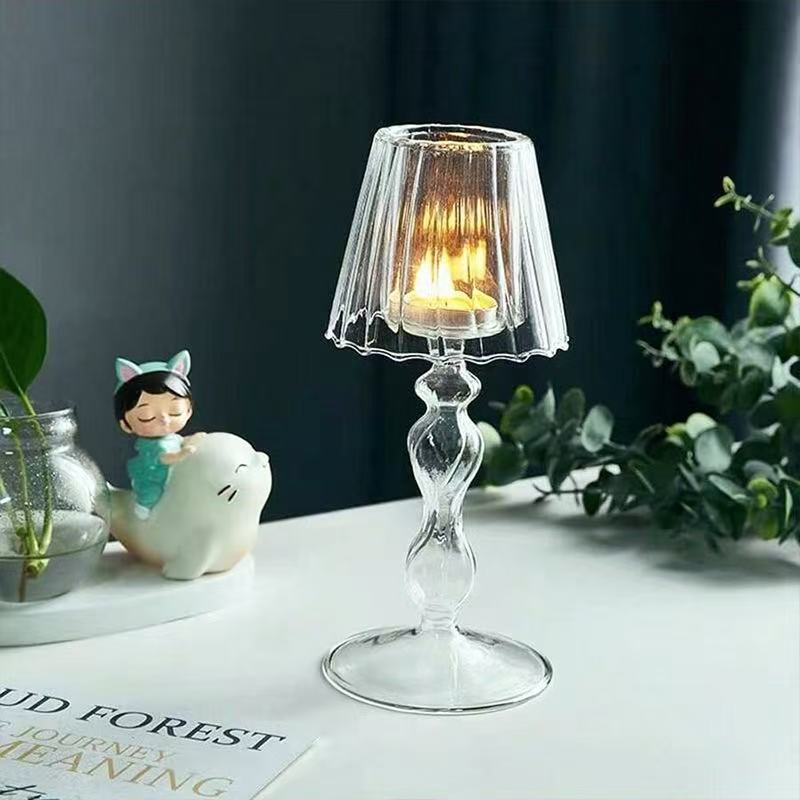 Lámpara de escritorio de vidrio transparente europea modelado candelabro alto pie candelabro rayas decoración creativa de bodas