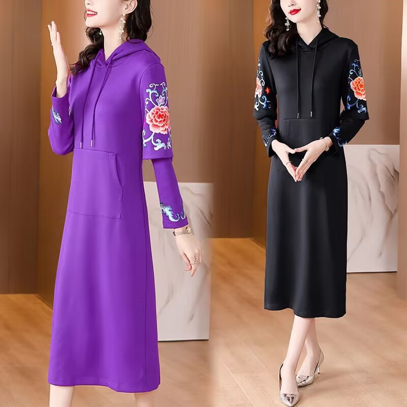 Women's New Autum Chinese Style Peony Embroidered Long-Sleeved Sweatshirt Slim and Comfortable Casual Sweatshirt Dress for Women