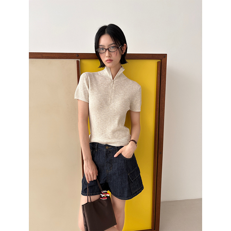 Yifu Knitted Short Sleeve Shirt Summer Casual Cool Half-Zip Women's Stand Collar Slightly Sheer Textured Top 1259