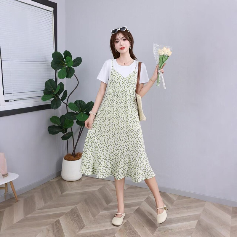 Maternity Dress Summer Outfit Two-Piece Floral Fashion Pregnancy Nursing Wear Summer Short-Sleeve Dress Postpartum