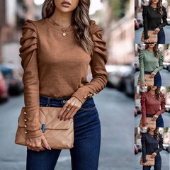 2025 ヨーロッパとアメリカのアマゾンクロスボーダー婦人服秋と冬の新しい高弾性カシミアラウンドネックスリムパフスリーブ長袖トップ