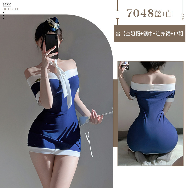 Fei Mu puro y romántico traje de azafata uniforme tentación sexy puro bolso sin hombros falda de cadera lencería sexy 7048