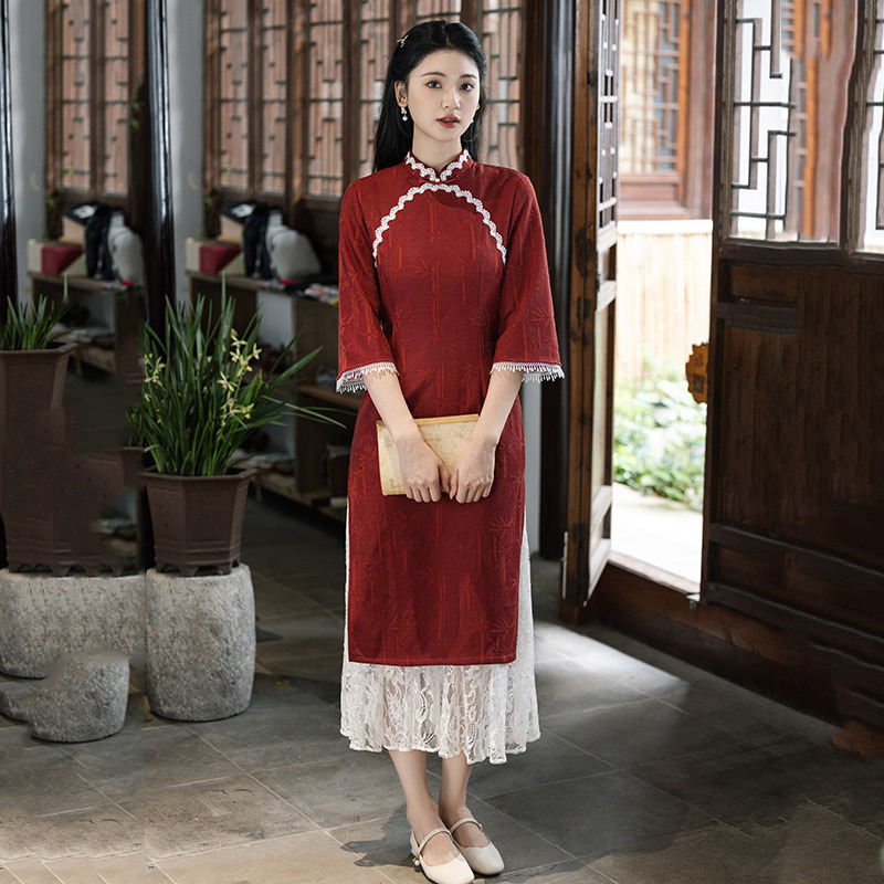 红色奥黛国风新中式苏州秋季长袖旗袍改良年轻款女复古连衣裙春秋|undefined