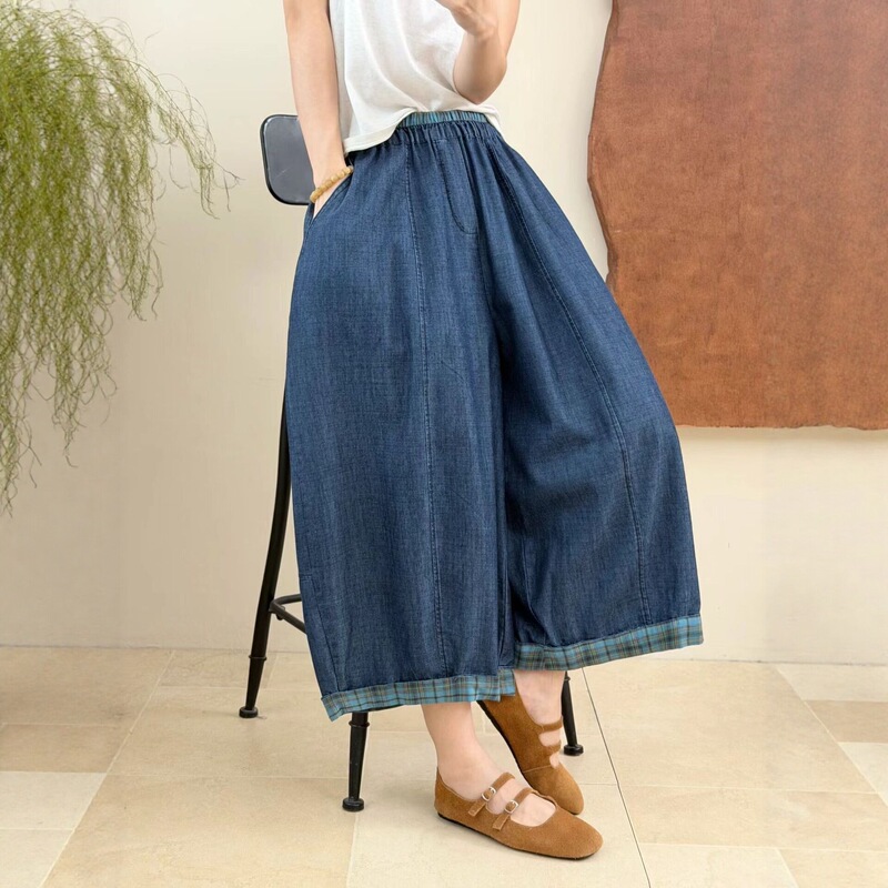 Qi Quan Summer Vintage Bamboo Cotton Denim Wide-Leg Pants for Women, Elastic Waist, Loose Cuffed Capri Pants, Women's 596