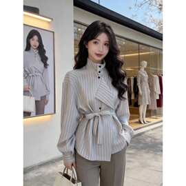 条纹衬衫女设计感小众2026春季新款收腰绑带chic别致立领上衣衬衣