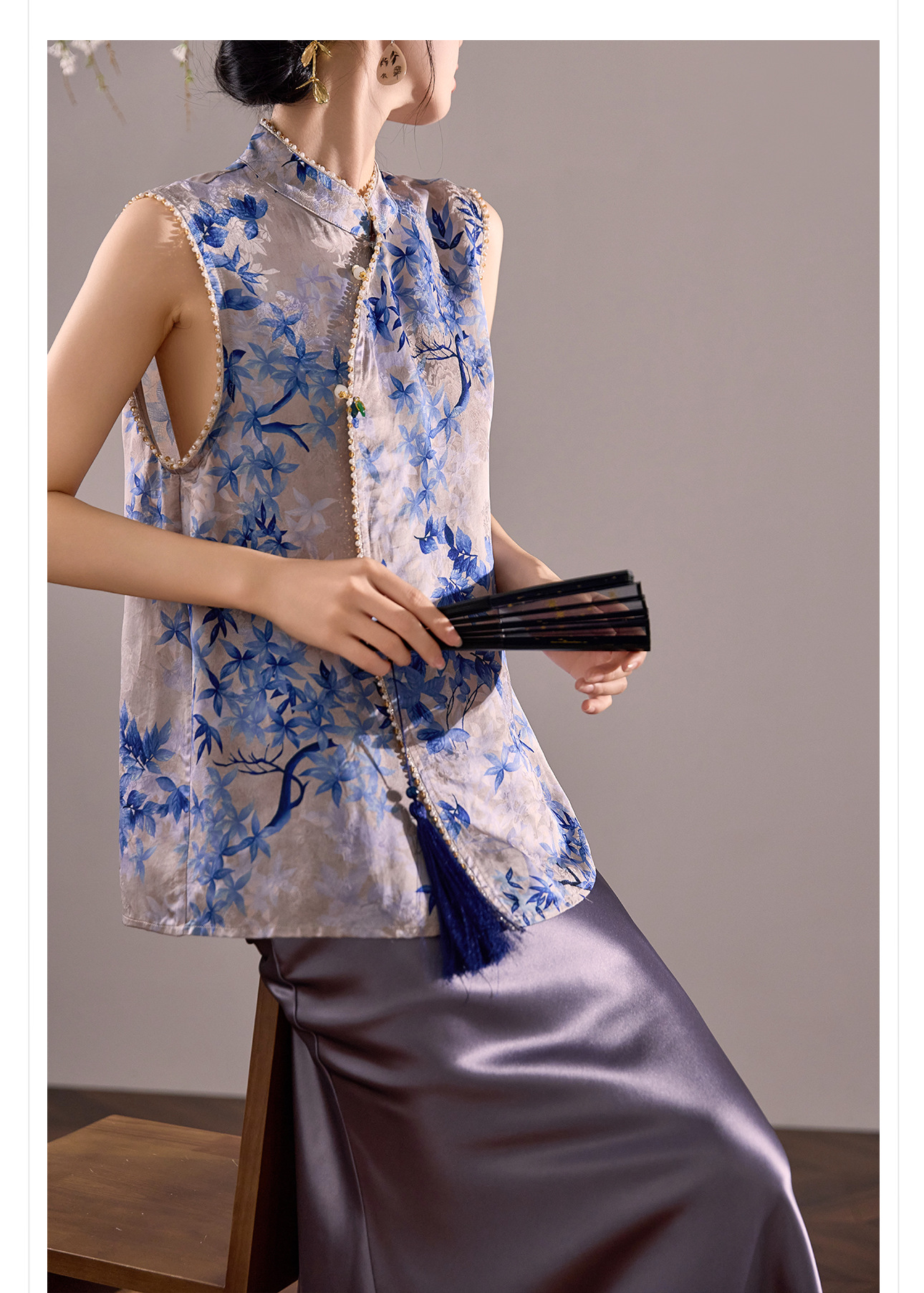 Áo vest gile nữ cổ đứng không tay phong cách cổ điển Trung Hoa, đính chuỗi hạt, mùa hè M8035 — màu xanh chi tiết 8