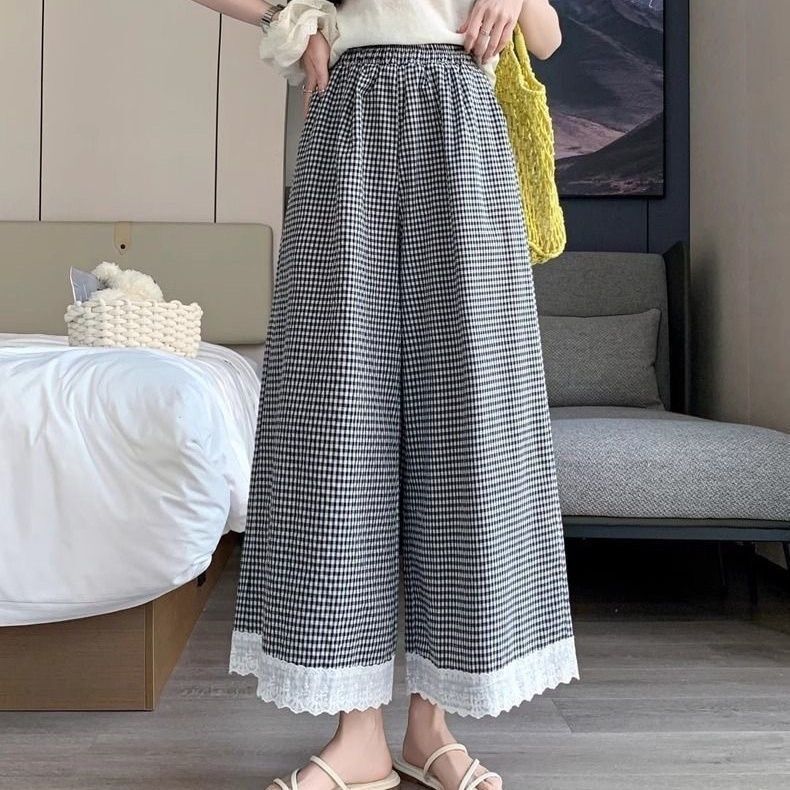 レースチェック柄ワイドレッグパンツ女性の夏薄いハイウエストスリムドレープルーズカジュアル9点ストレートレッグパンツスカート|undefined
