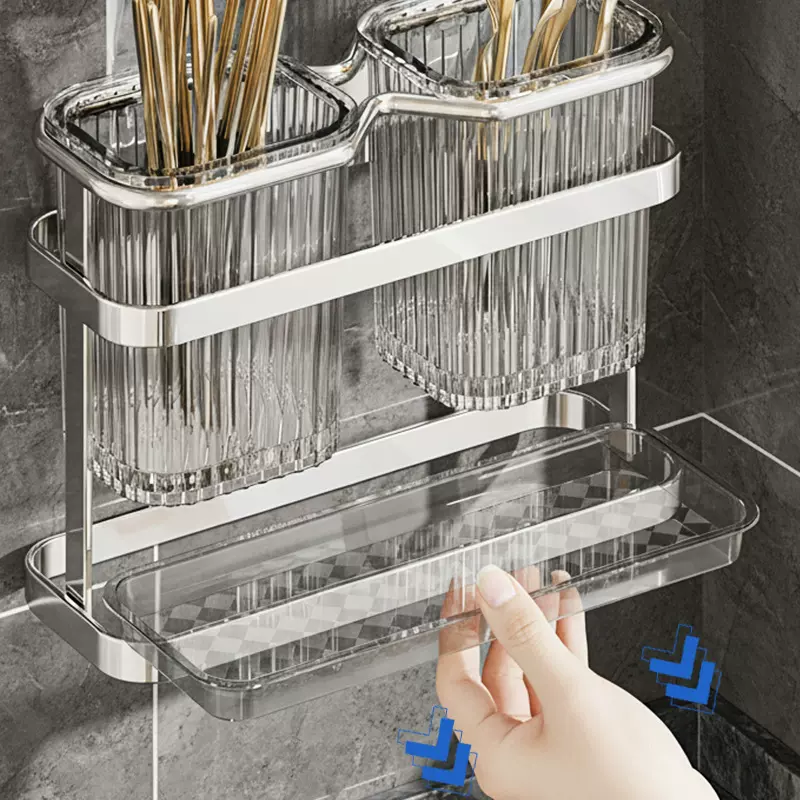 新品壁挂式免打孔双筷筒厨房多功能一体收纳架沥水刀具架筷笼批发