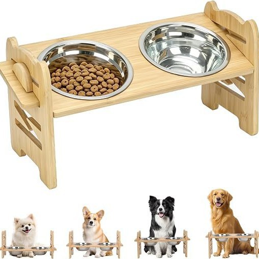 Nuevo bambú para perros y gatos, perros y gatos, doble tazón, perros pequeños y medianos, marco de madera ajustable para perros y gatos, protector de perros, comedor de comida