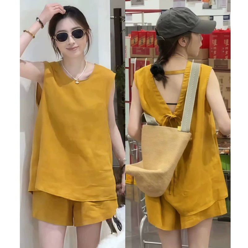 Летний костюм 2025 года, элегантный топ-жилет без рукавов и широкие шорты с высокой талией, женский комплект из двух предметов