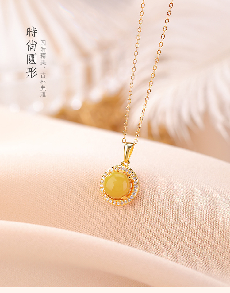 Mặt dây chuyền bạc S925 mạ vàng sáp ong viền zircon hình tròn phong cách hoang dã — Bạc (mặt dây chuyền đơn) chi tiết 1
