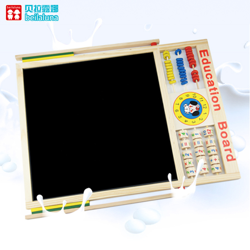 Tablero de dibujo multifuncional magnético de educación temprana para niños de madera Pizarra de escritura vertical de doble cara para niños con soporte de ábaco de despertador