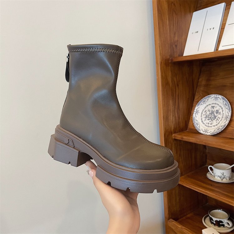 British Style Women’s Ankle Boots With Thick Heel And Back Zipper_voghion.com