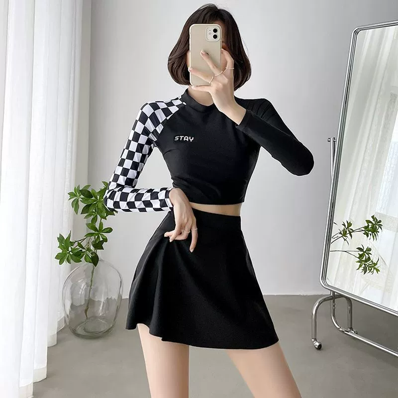 2024 новый купальник женский спортивный прикрывающий живот купальник с длинными рукавами для похудения консервативная раздельная юбка горячий весенний студенческий купальник с маленькой грудью