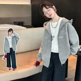 春秋季中大女童新休闲外套童装儿童女孩钉珍珠帽衫上衣卫衣拉链衫