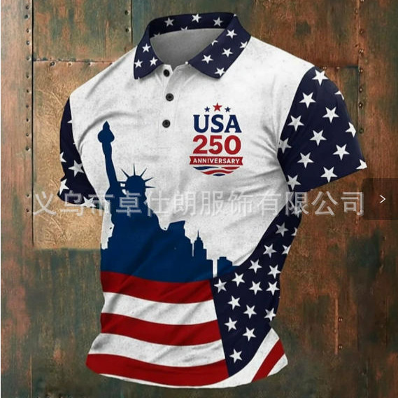 美国 250 周年纪念主题 Polo 衫 新款星条旗自由女神印花 跨境美